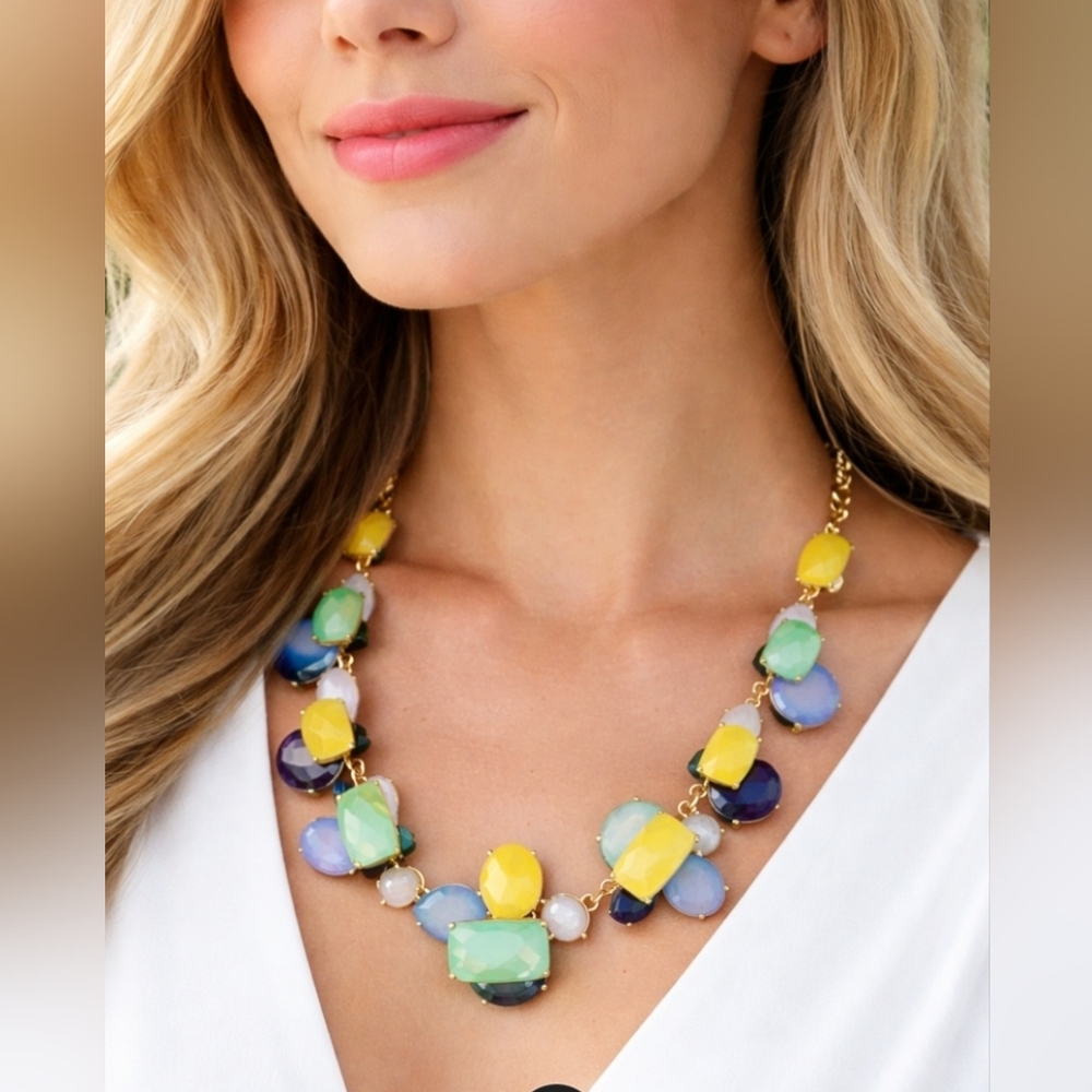 Talbots Blue Green Yellow Stine Gold Necklace New